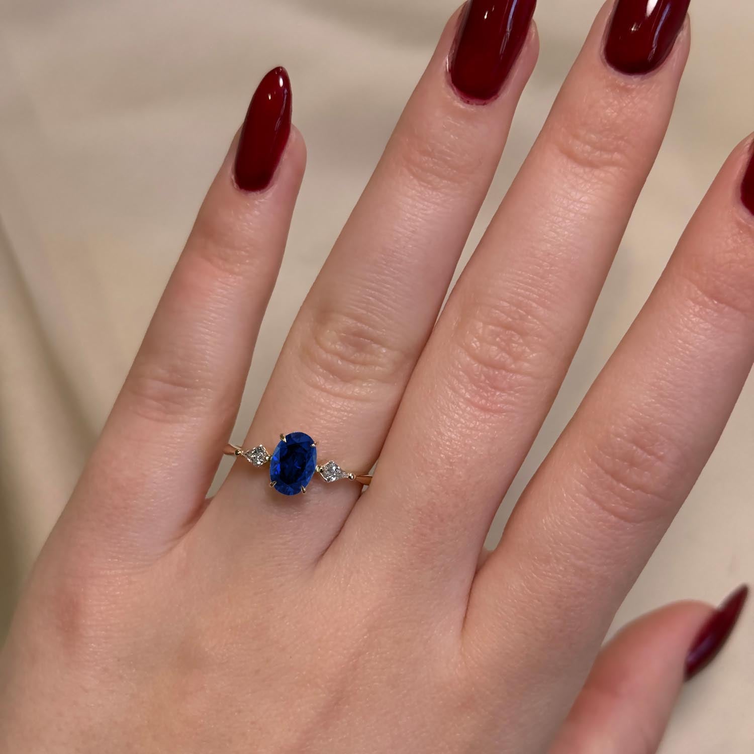 Oval Cut Three Stone Blue Sapphire Engagement Ring