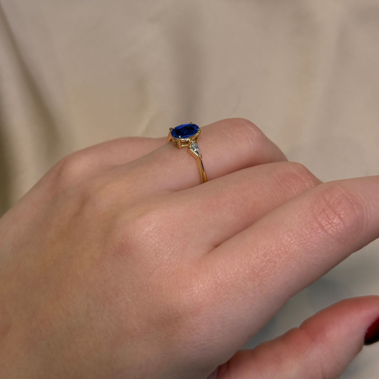 Oval Cut Three Stone Blue Sapphire Engagement Ring