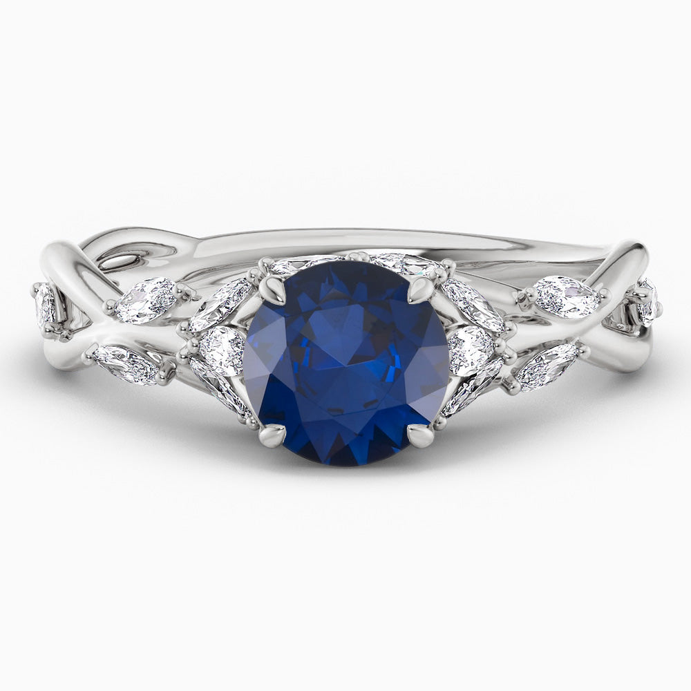 Round Cut Nature Inspired Blue Sapphire Engagement Ring