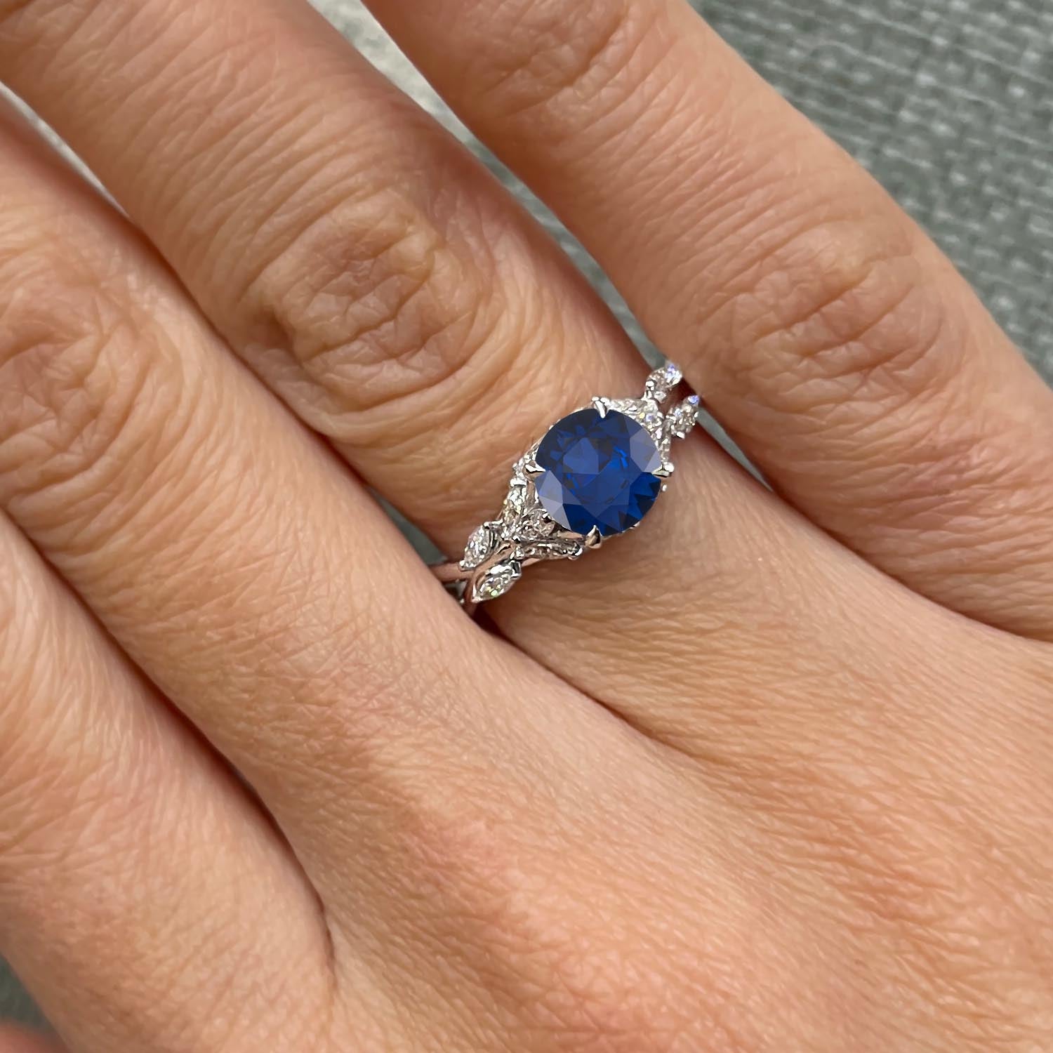 Round Cut Nature Inspired Blue Sapphire Engagement Ring
