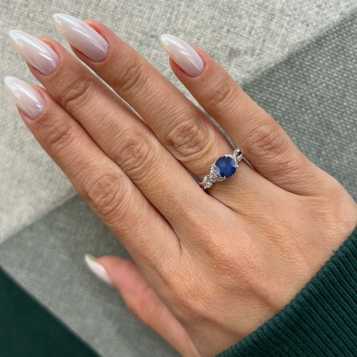 Round Cut Nature Inspired Blue Sapphire Engagement Ring