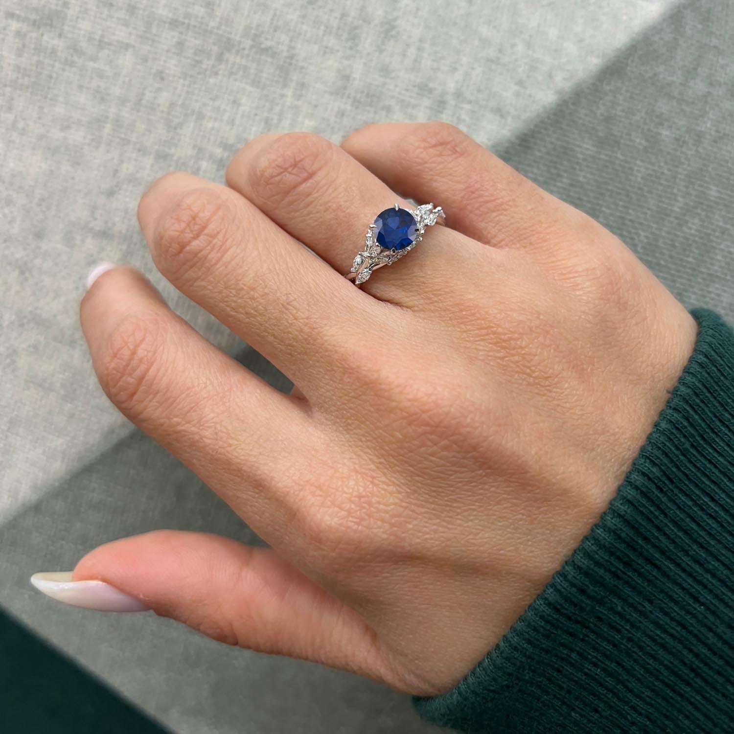 Round Cut Nature Inspired Blue Sapphire Engagement Ring