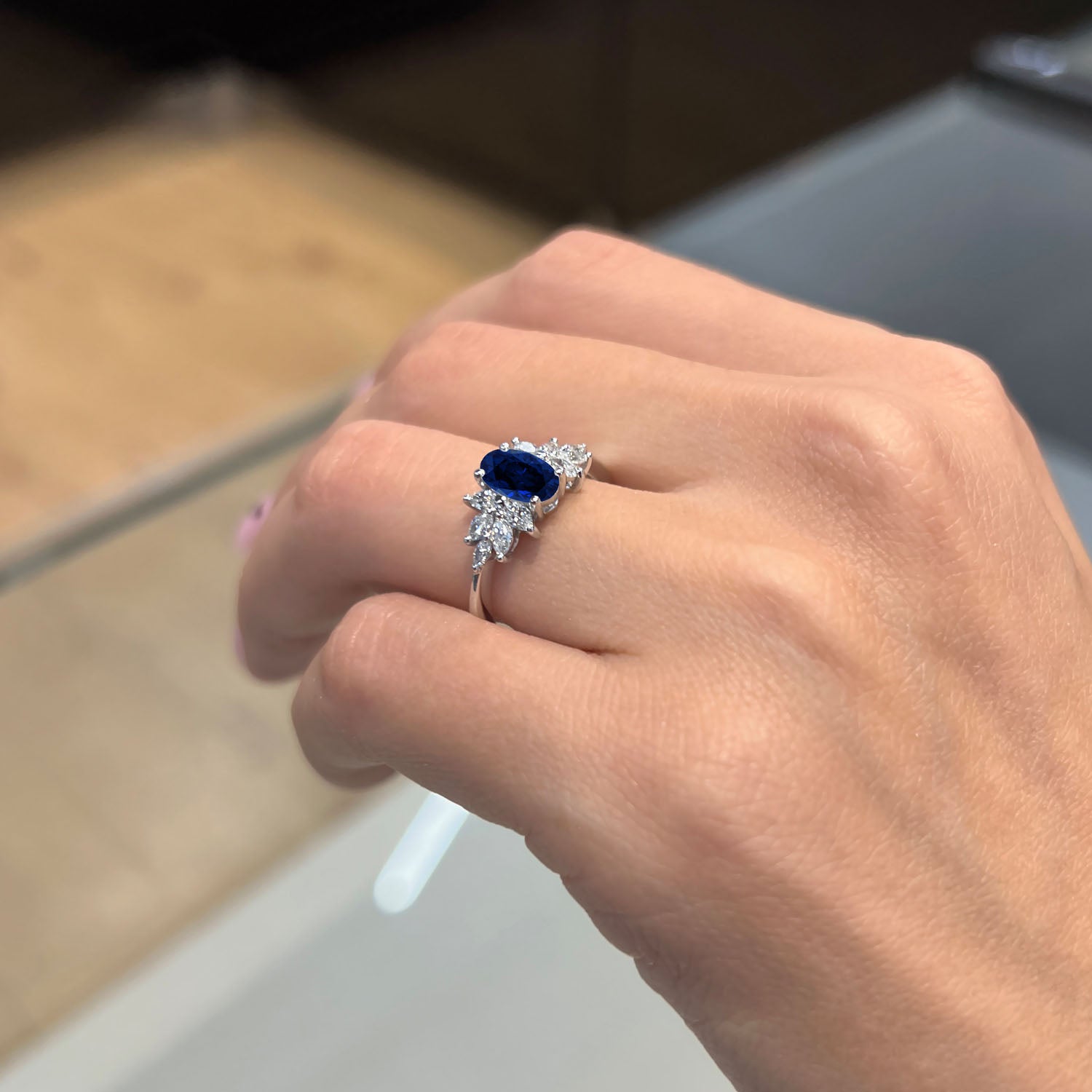 Oval Cut Cluster Blue Sapphire Engagement Ring