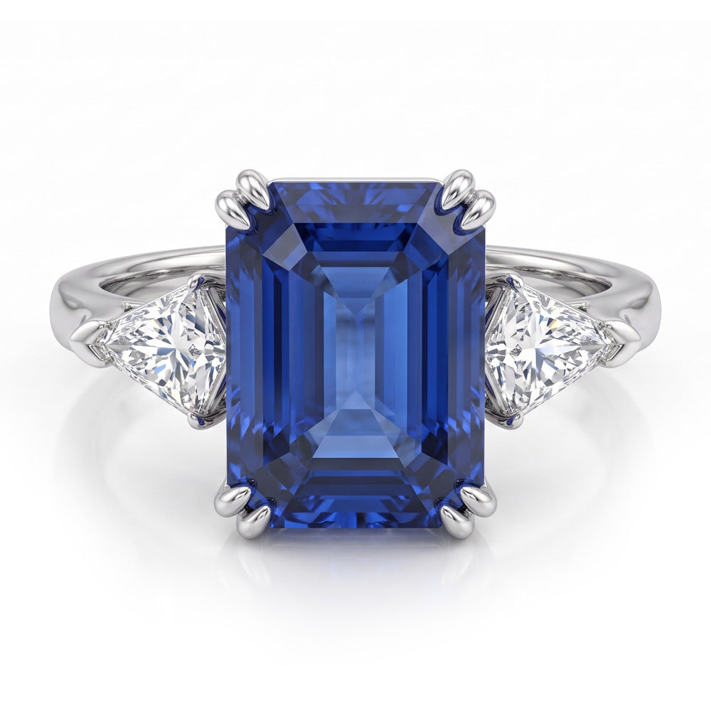 Emerald Cut Three Stone Blue Sapphire Engagement Ring