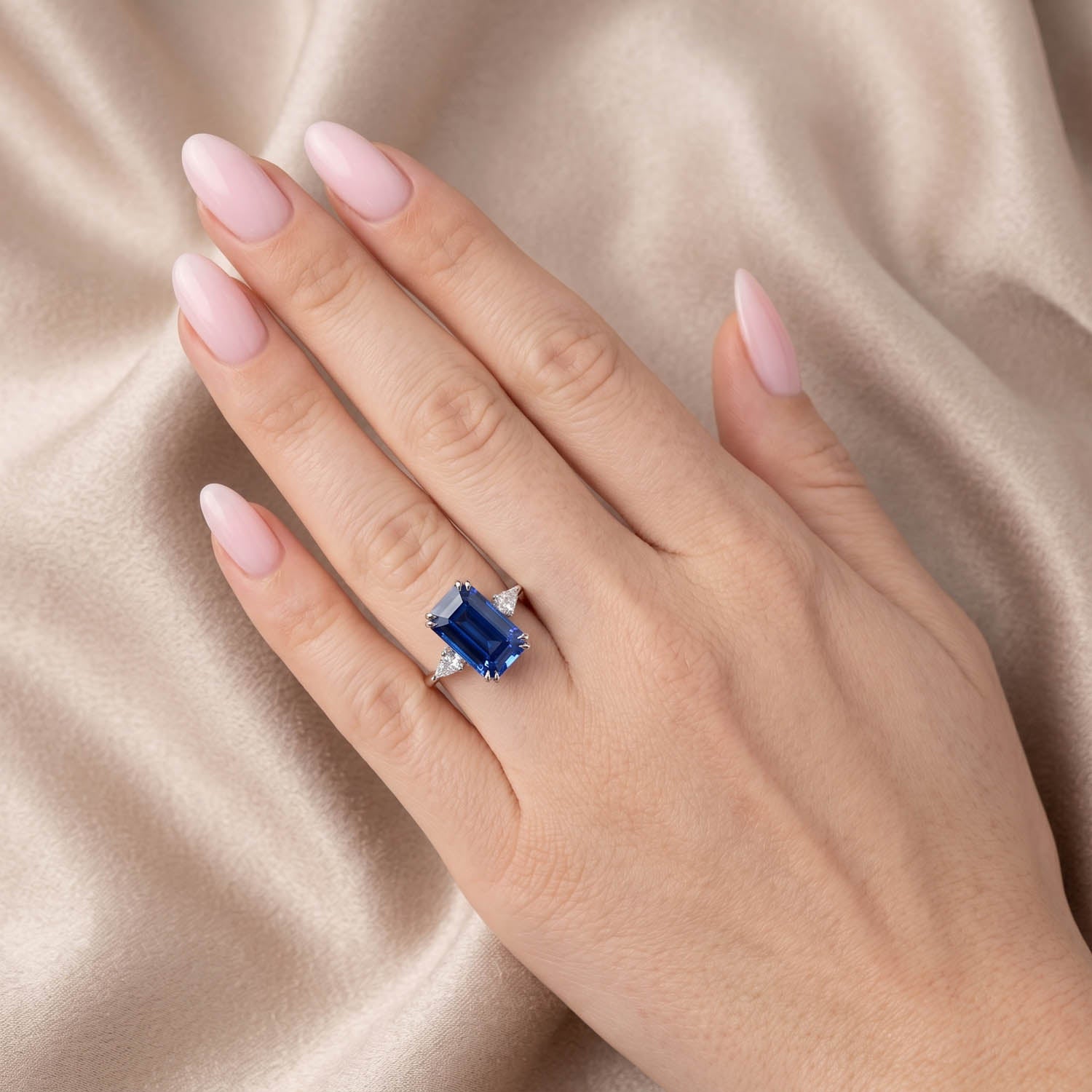 Emerald Cut Three Stone Blue Sapphire Engagement Ring