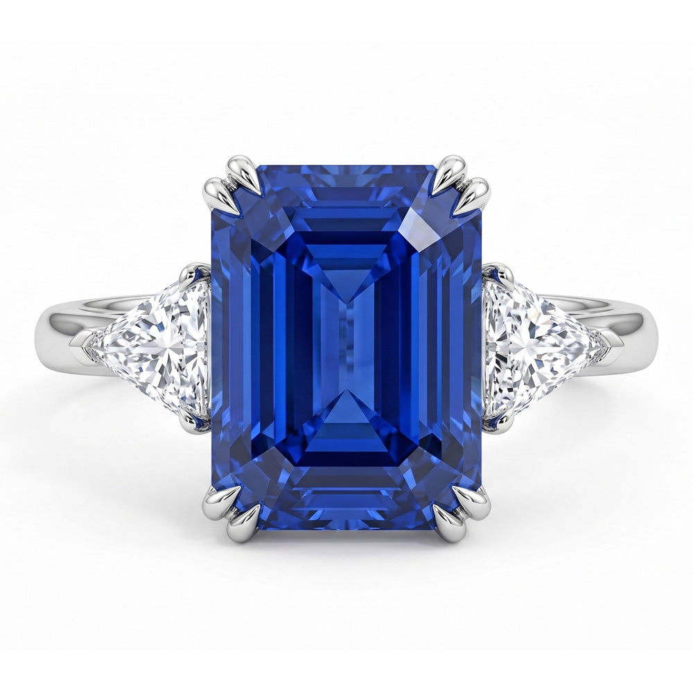 Emerald Cut Three Stone Blue Sapphire Engagement Ring