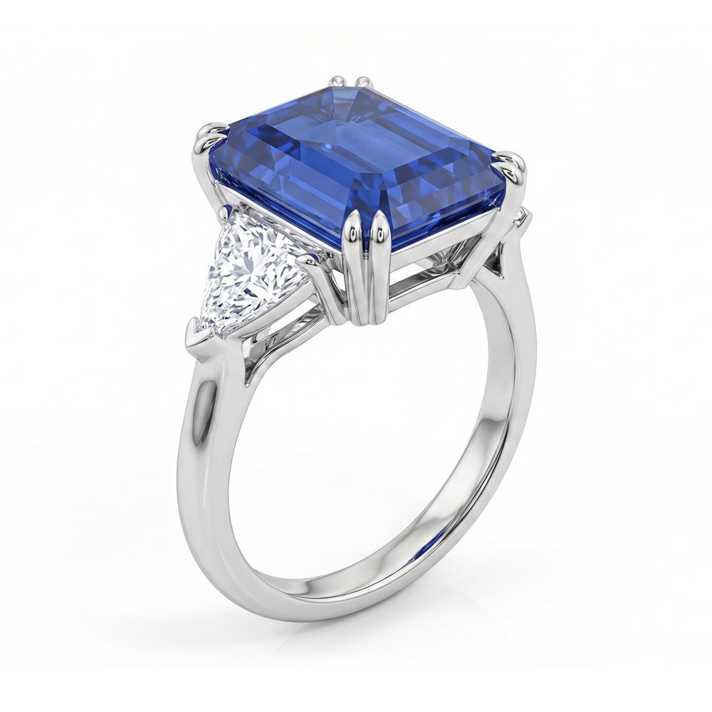 Emerald Cut Three Stone Blue Sapphire Engagement Ring