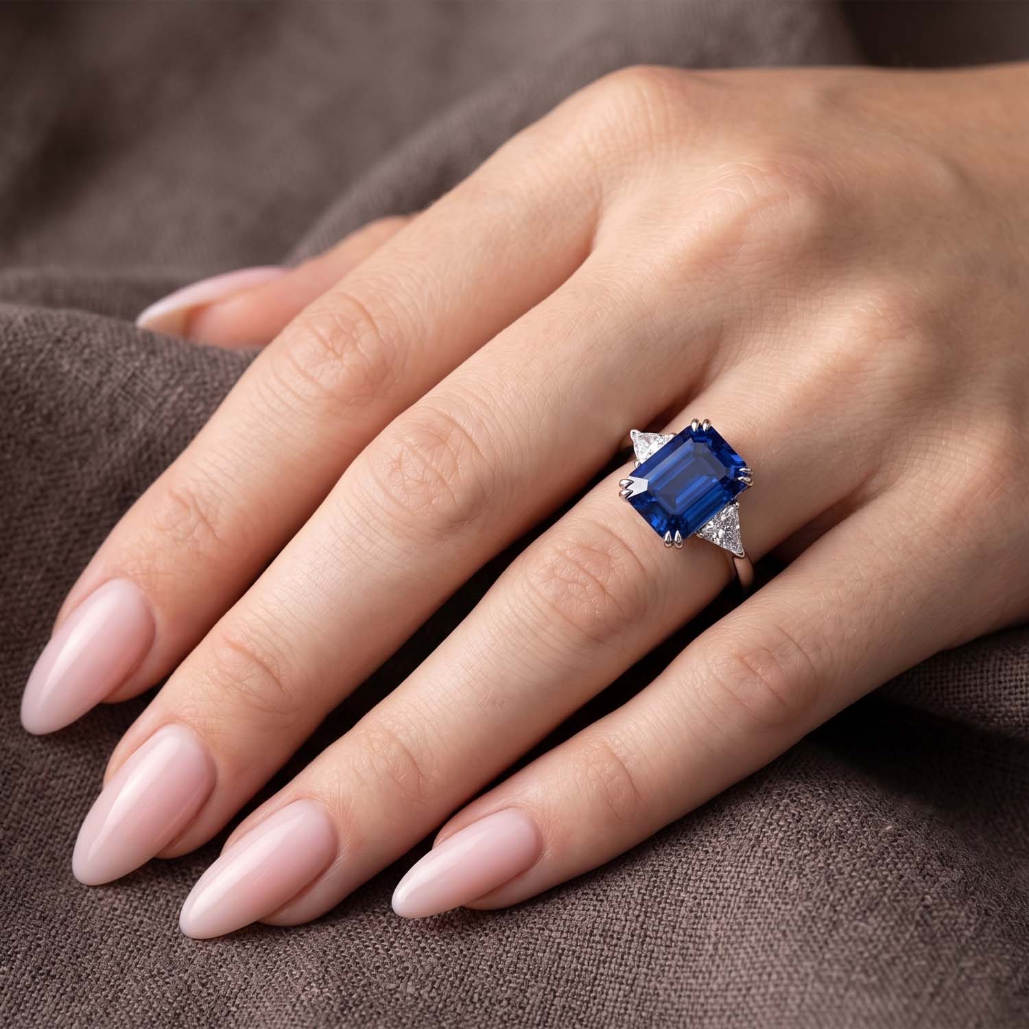 Emerald Cut Three Stone Blue Sapphire Engagement Ring