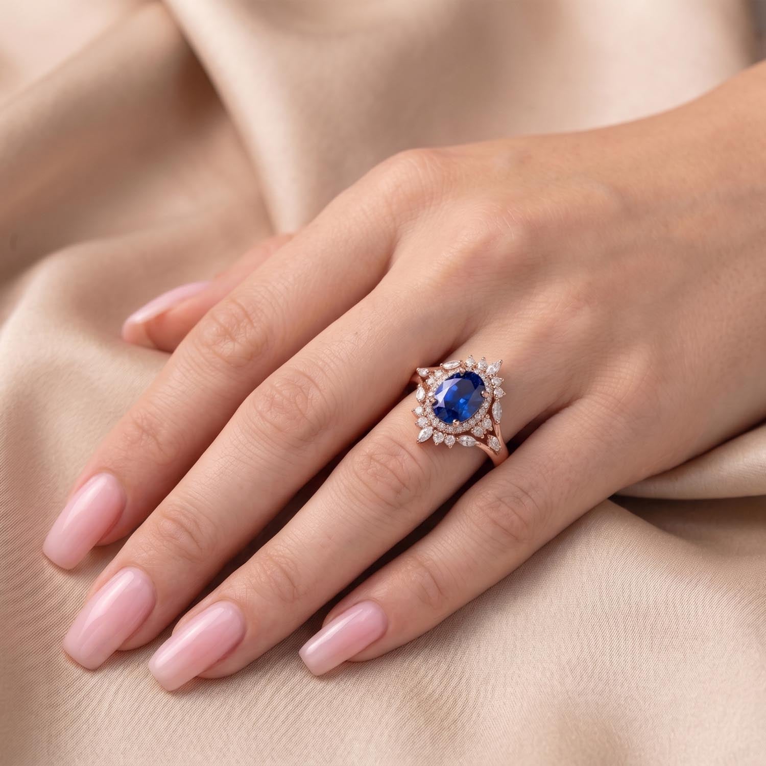 Oval Cut Vintage Halo Blue Sapphire Engagement Ring