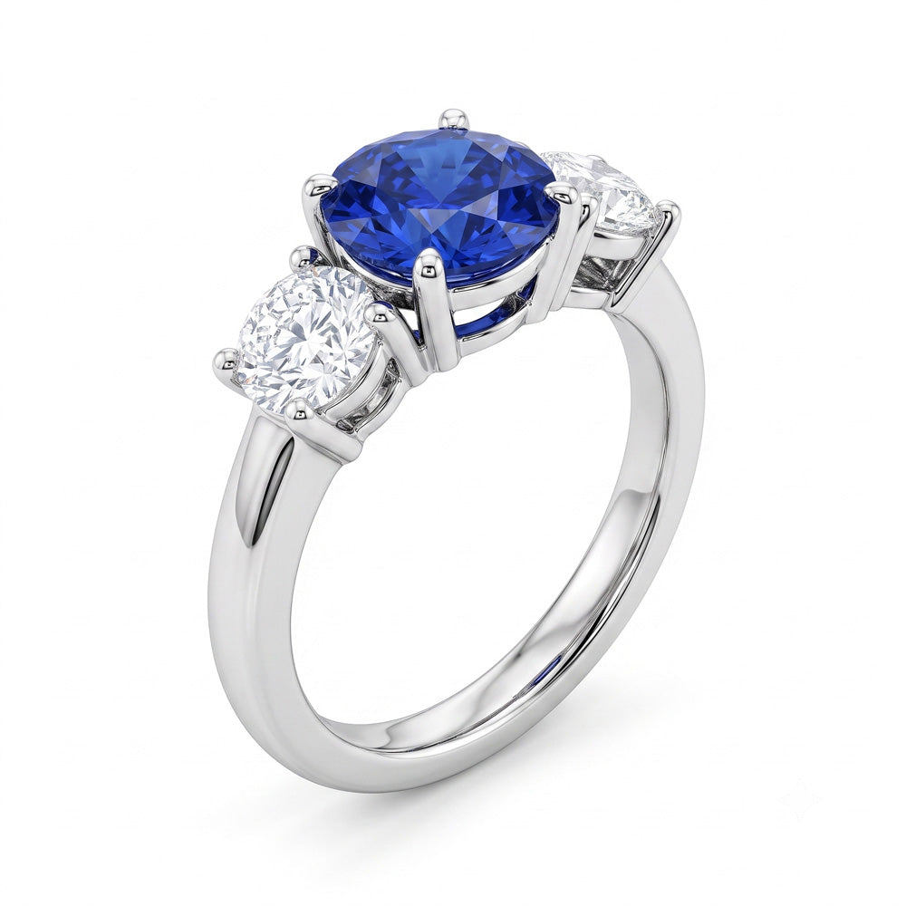 Round Cut Three Stone Blue Sapphire Engagement Ring