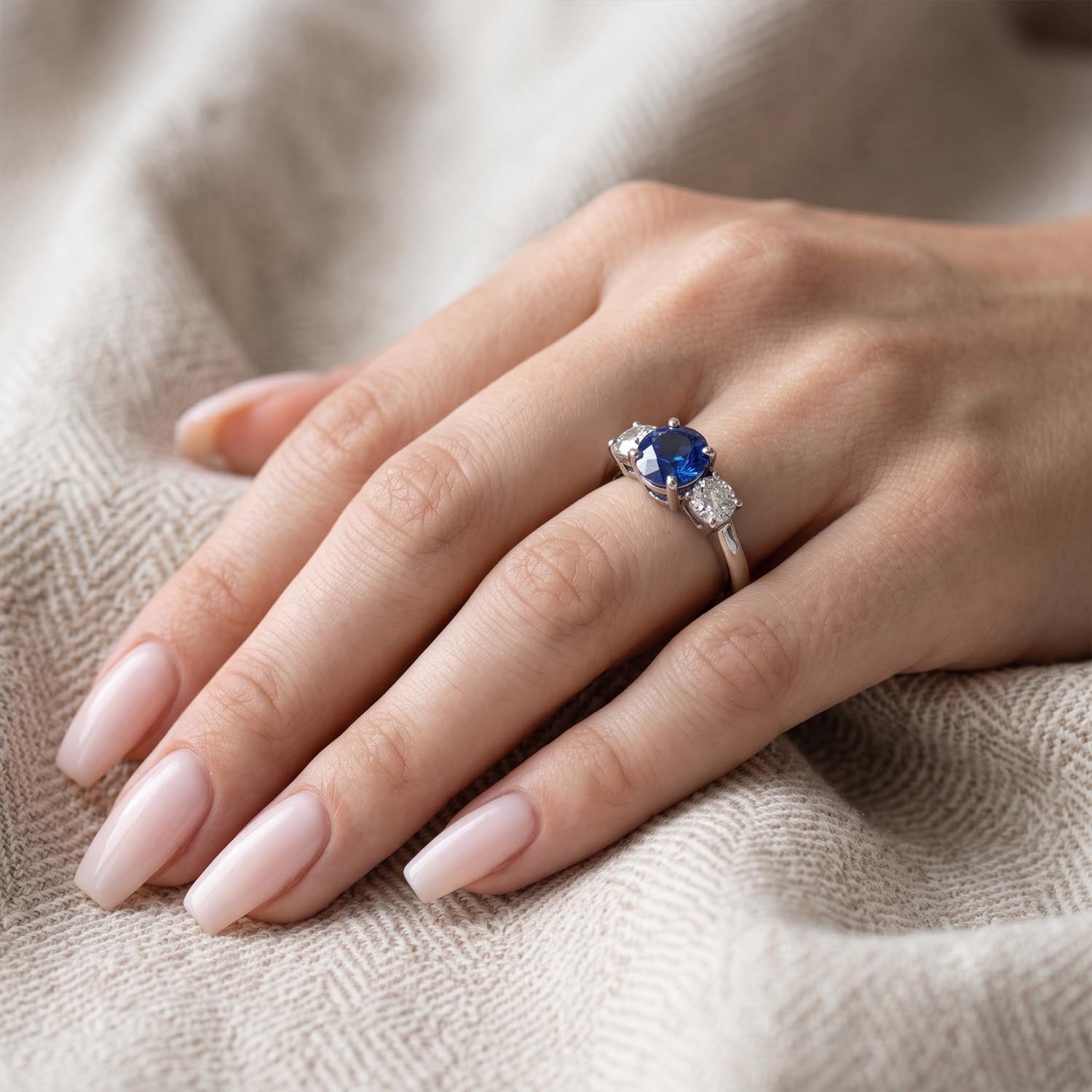Round Cut Three Stone Blue Sapphire Engagement Ring