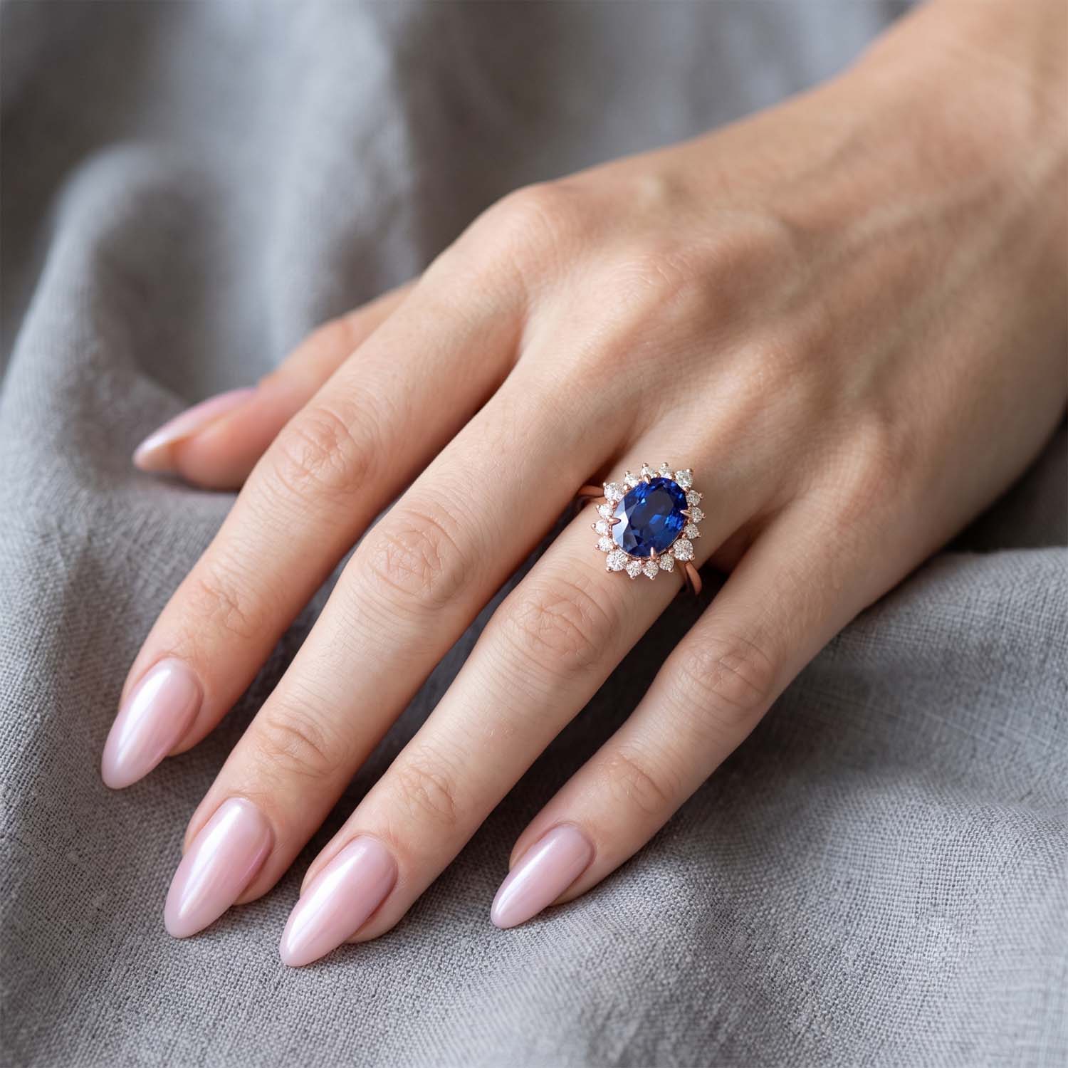 Oval Cut Halo Blue Sapphire Engagement Ring