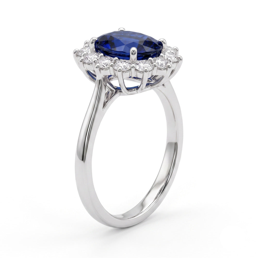 Oval Cut Halo Blue Sapphire Engagement Ring