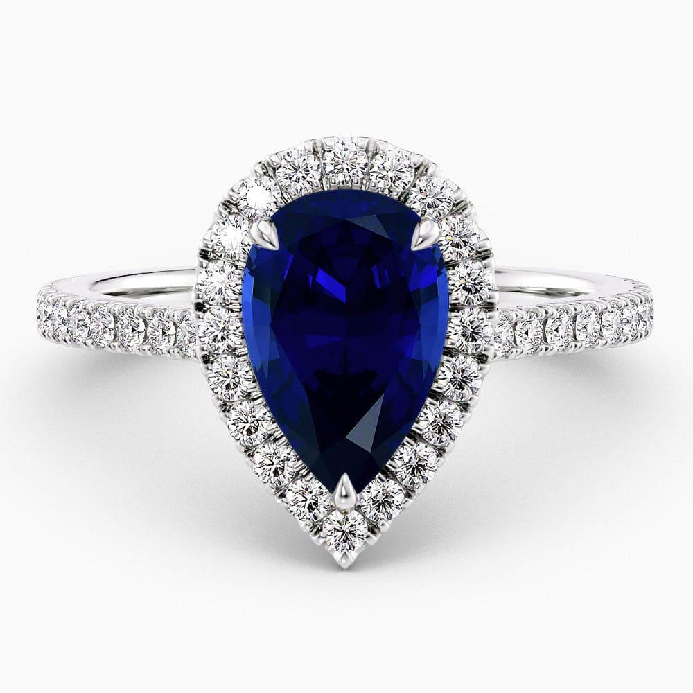 Pear Cut Halo Blue Sapphire Engagement Ring