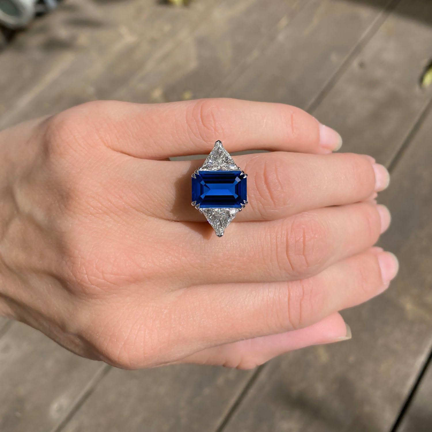 Emerald Cut Three Stone Blue Sapphire Engagement Ring