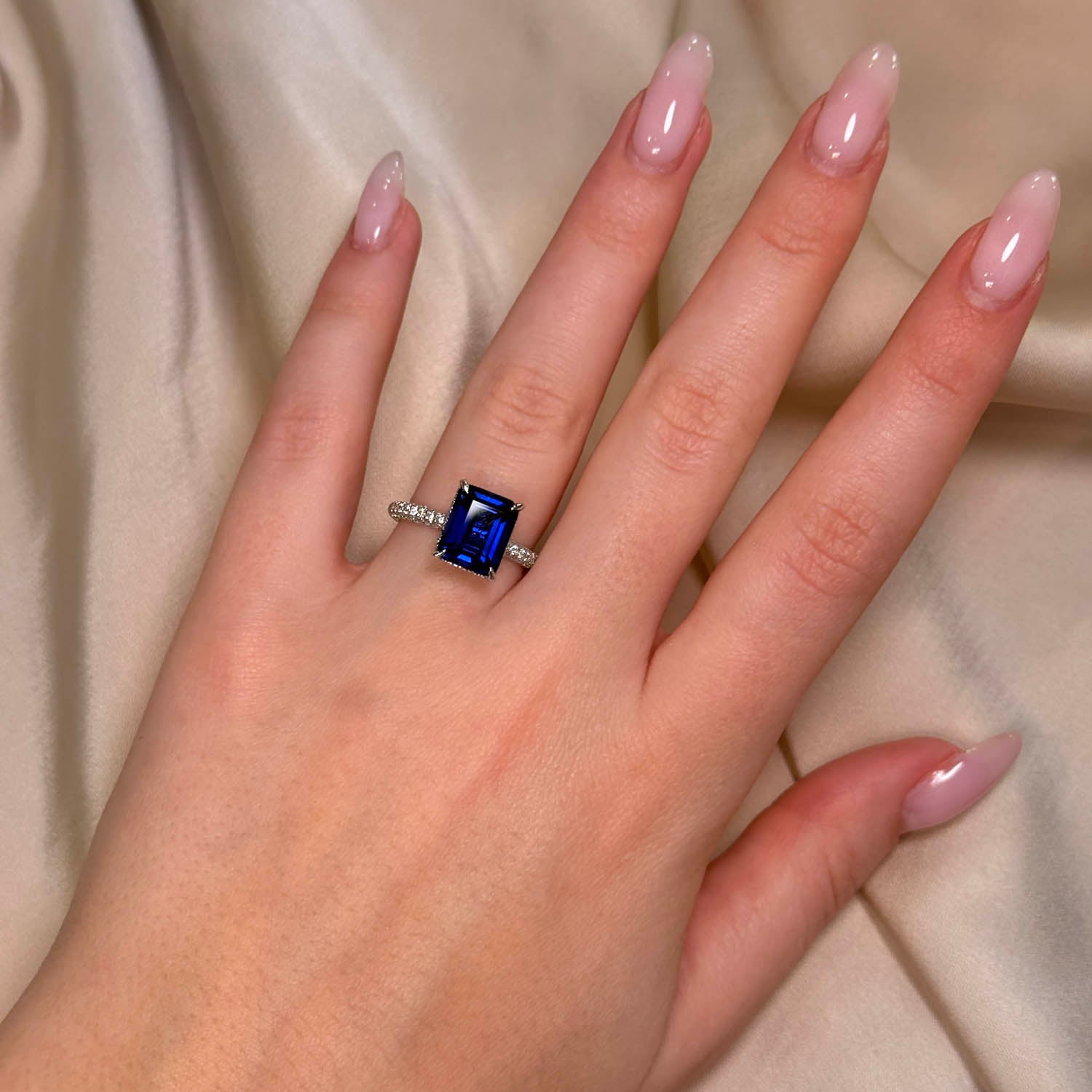 Emerald Cut Hidden Halo Blue Sapphire Engagement Ring
