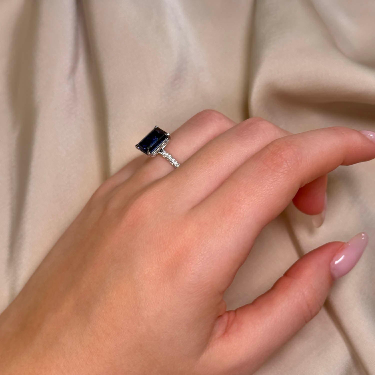 Emerald Cut Hidden Halo Blue Sapphire Engagement Ring
