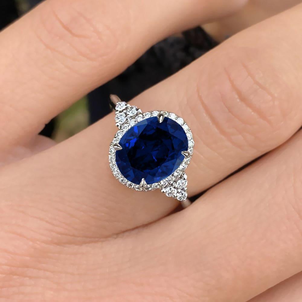 Oval Cut Halo Blue Sapphire Engagement Ring