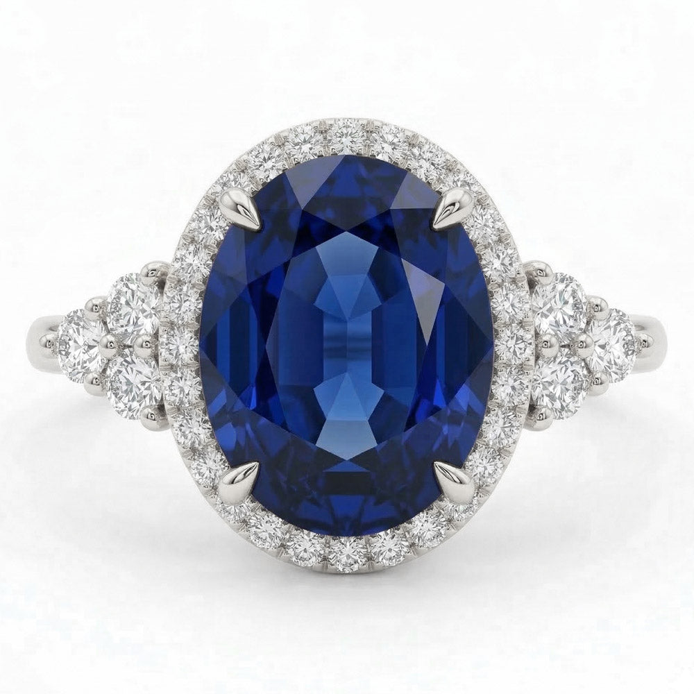 Oval Cut Halo Blue Sapphire Engagement Ring