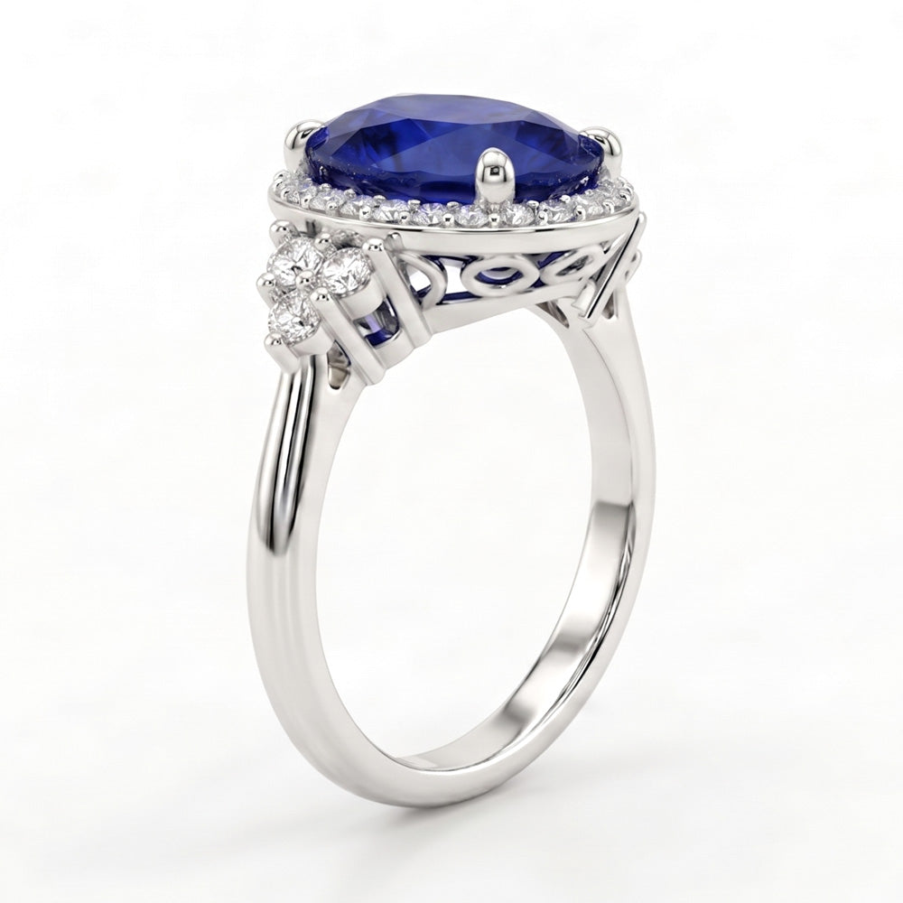 Oval Cut Halo Blue Sapphire Engagement Ring