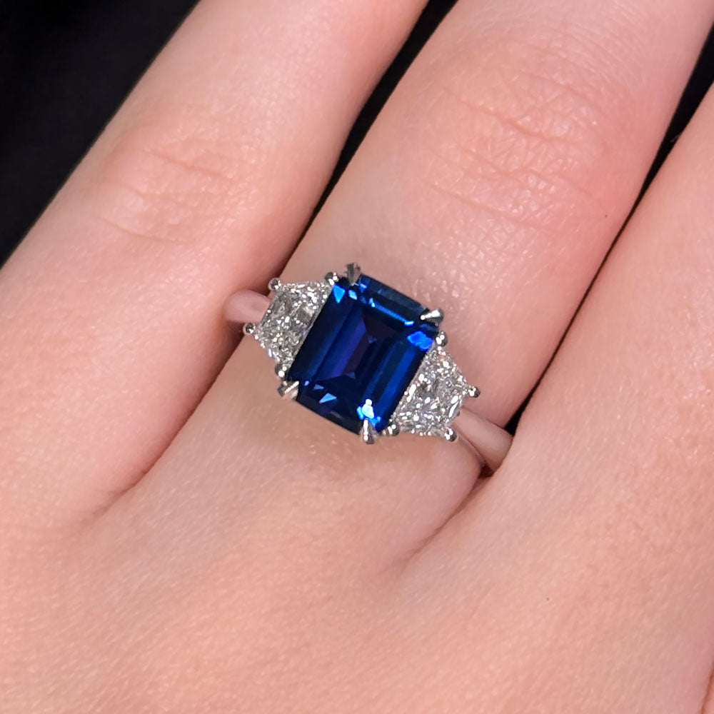Emerald Cut Three Stone Blue Sapphire Engagement Ring