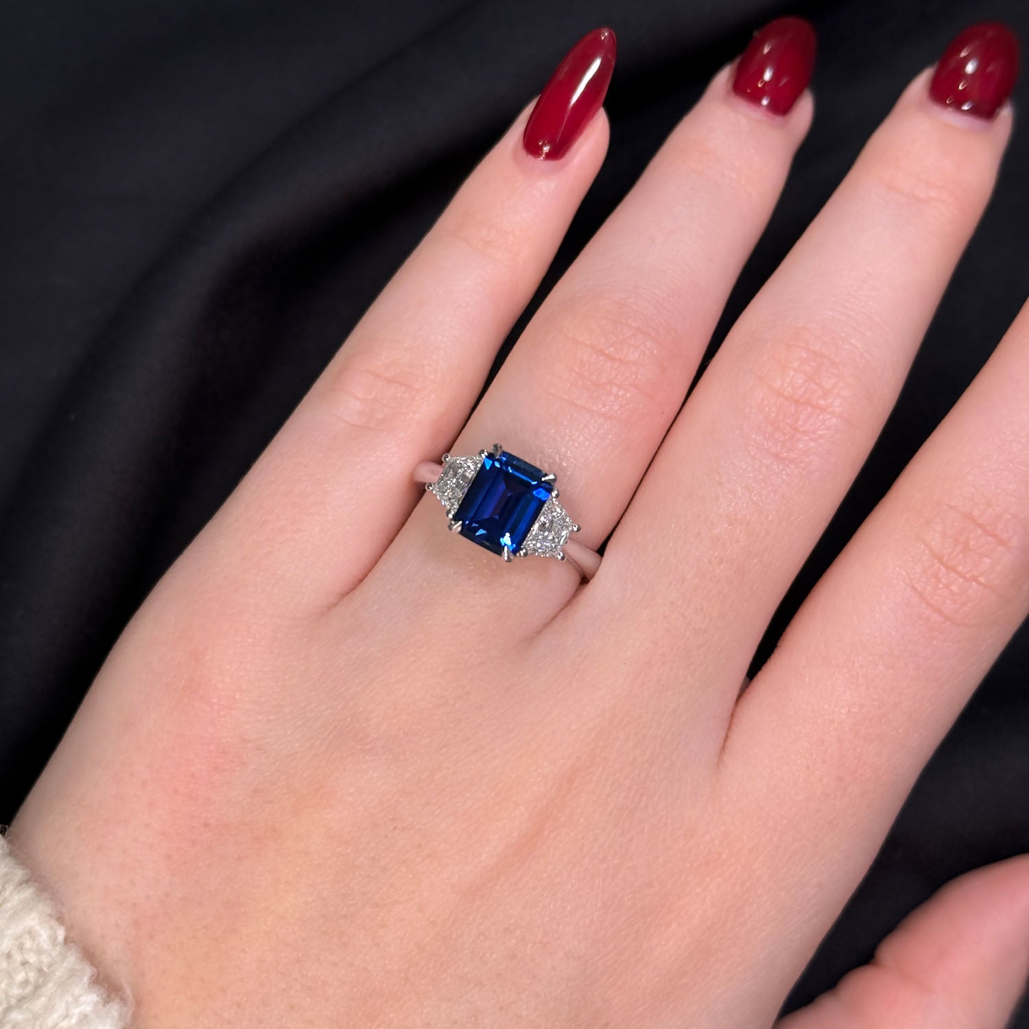Emerald Cut Three Stone Blue Sapphire Engagement Ring