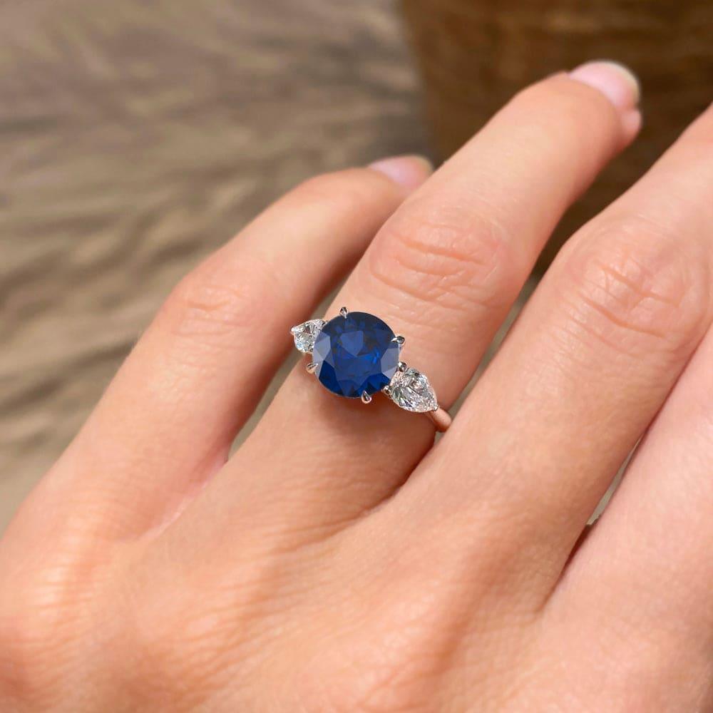 Round Cut Three Stone Blue Sapphire Engagement Ring