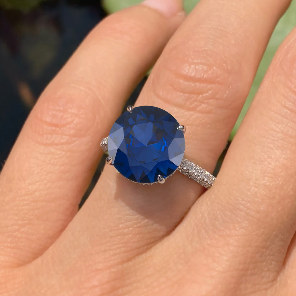 Round Cut Hidden Halo Blue Sapphire Engagement Ring