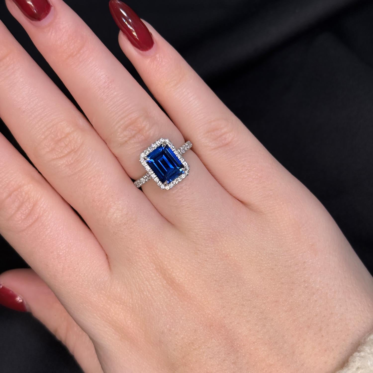Emerald Cut Halo Blue Sapphire Engagement Ring