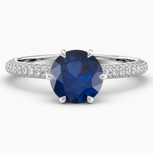 2.30 Carat Round Shape Pave Setting Blue Sapphire Engagement Ring