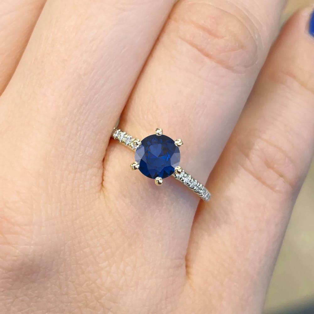 Round Cut Pave Setting Blue Sapphire Engagement Ring
