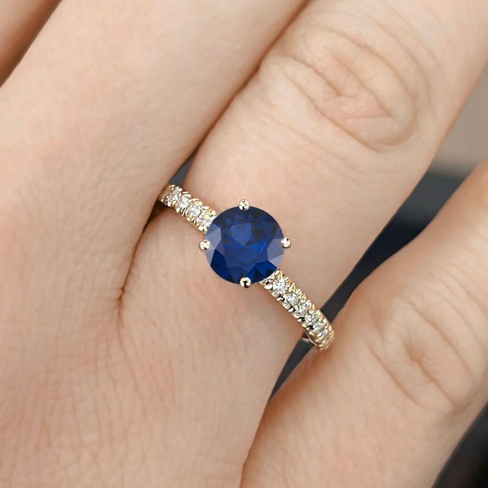 Round Cut Pave Setting Blue Sapphire Engagement Ring