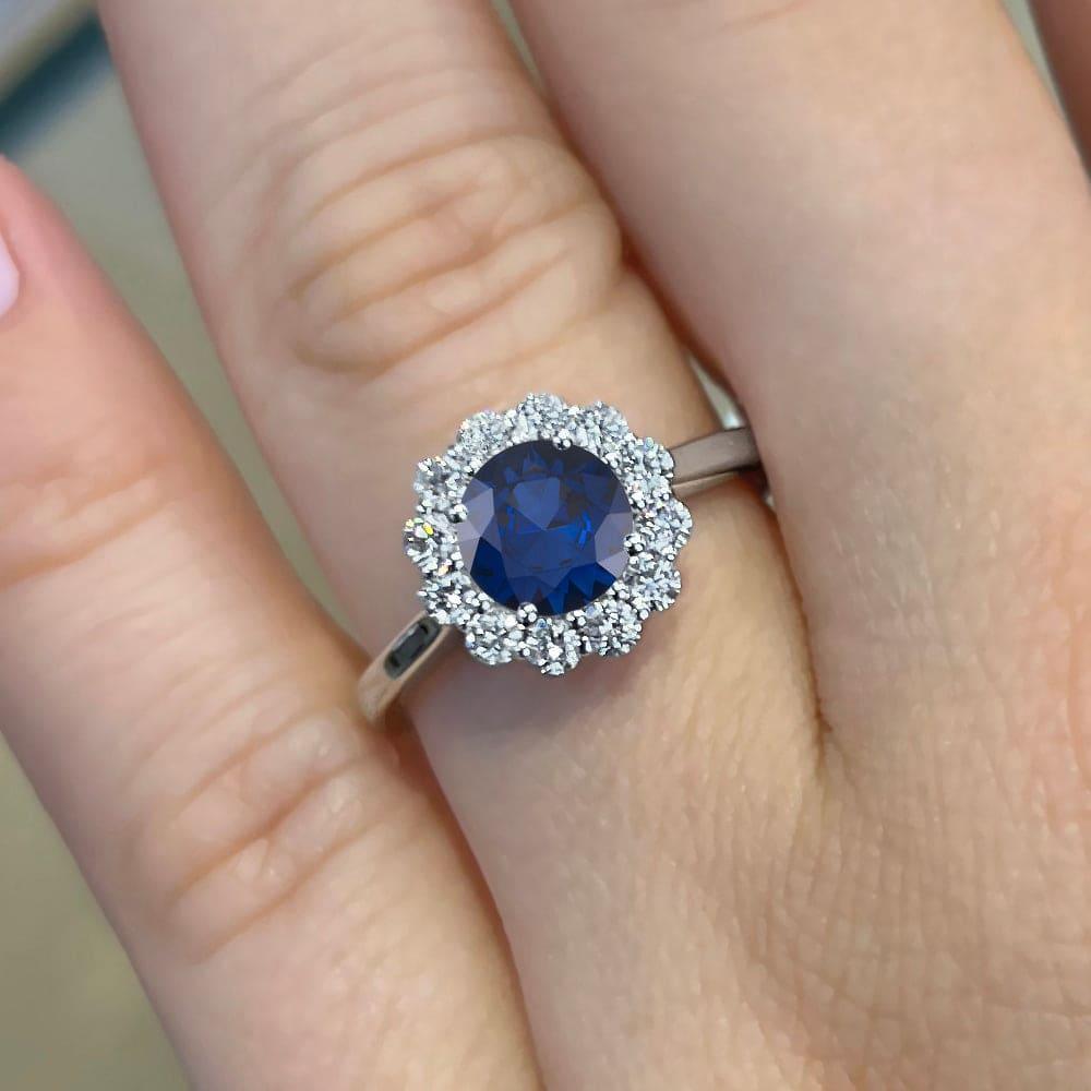 Round Cut Halo Blue Sapphire Engagement Ring