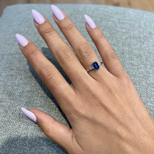 1.70 Carat Emerald Shape Three Stone Blue Sapphire Engagement Ring