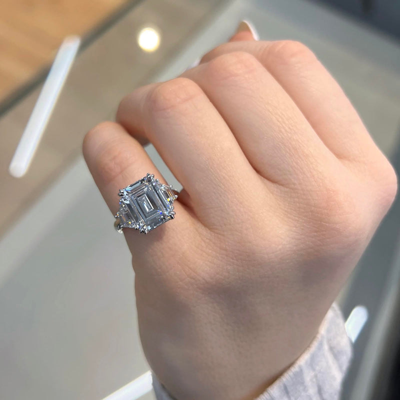 4 Carat Emerald Cut Three Stone Lab Grown Diamond Engagement Ring