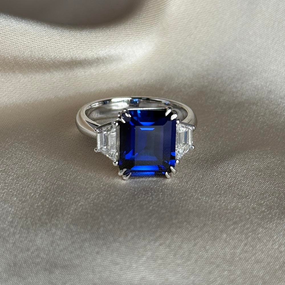 Emerald Cut Three Stone Blue Sapphire Engagement Ring