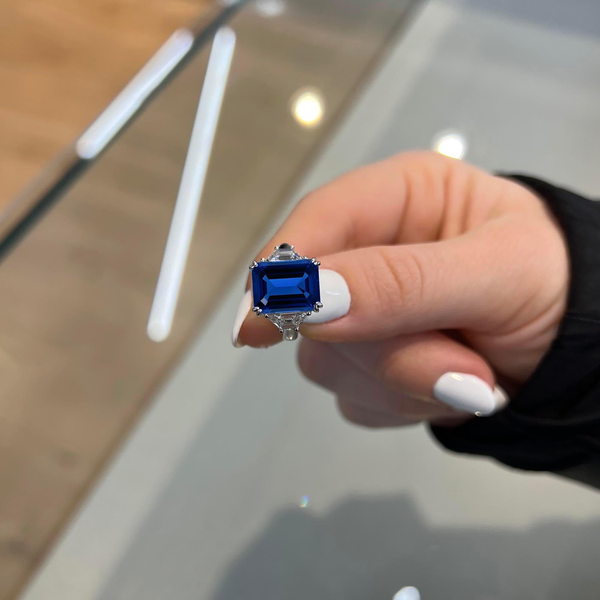 Emerald Cut Three Stone Blue Sapphire Engagement Ring