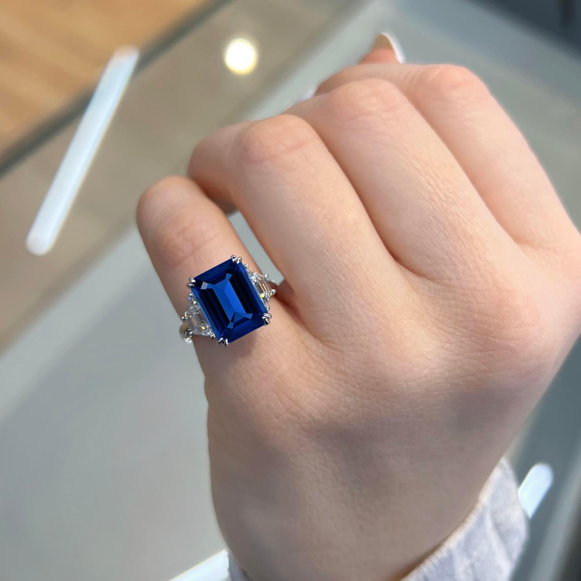 Emerald Cut Three Stone Blue Sapphire Engagement Ring