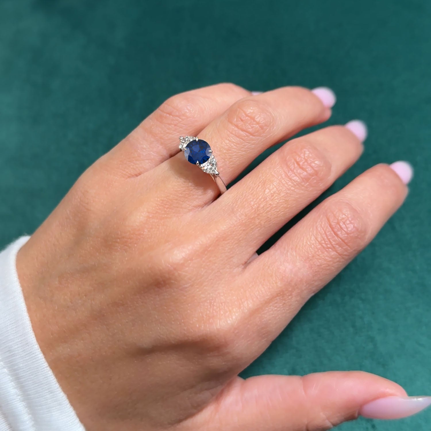 Round Cut Three Stone Blue Sapphire Engagement Ring