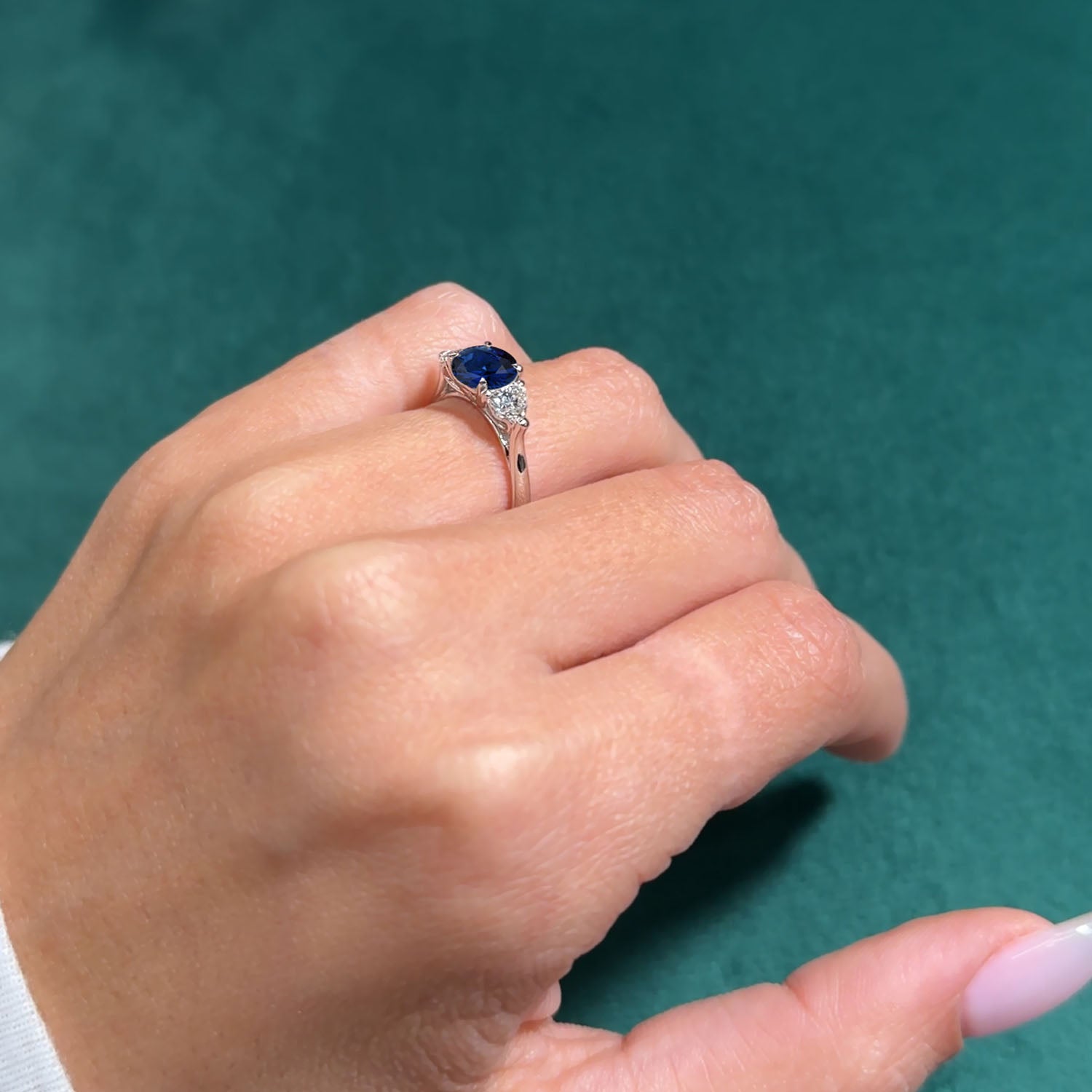 Round Cut Three Stone Blue Sapphire Engagement Ring