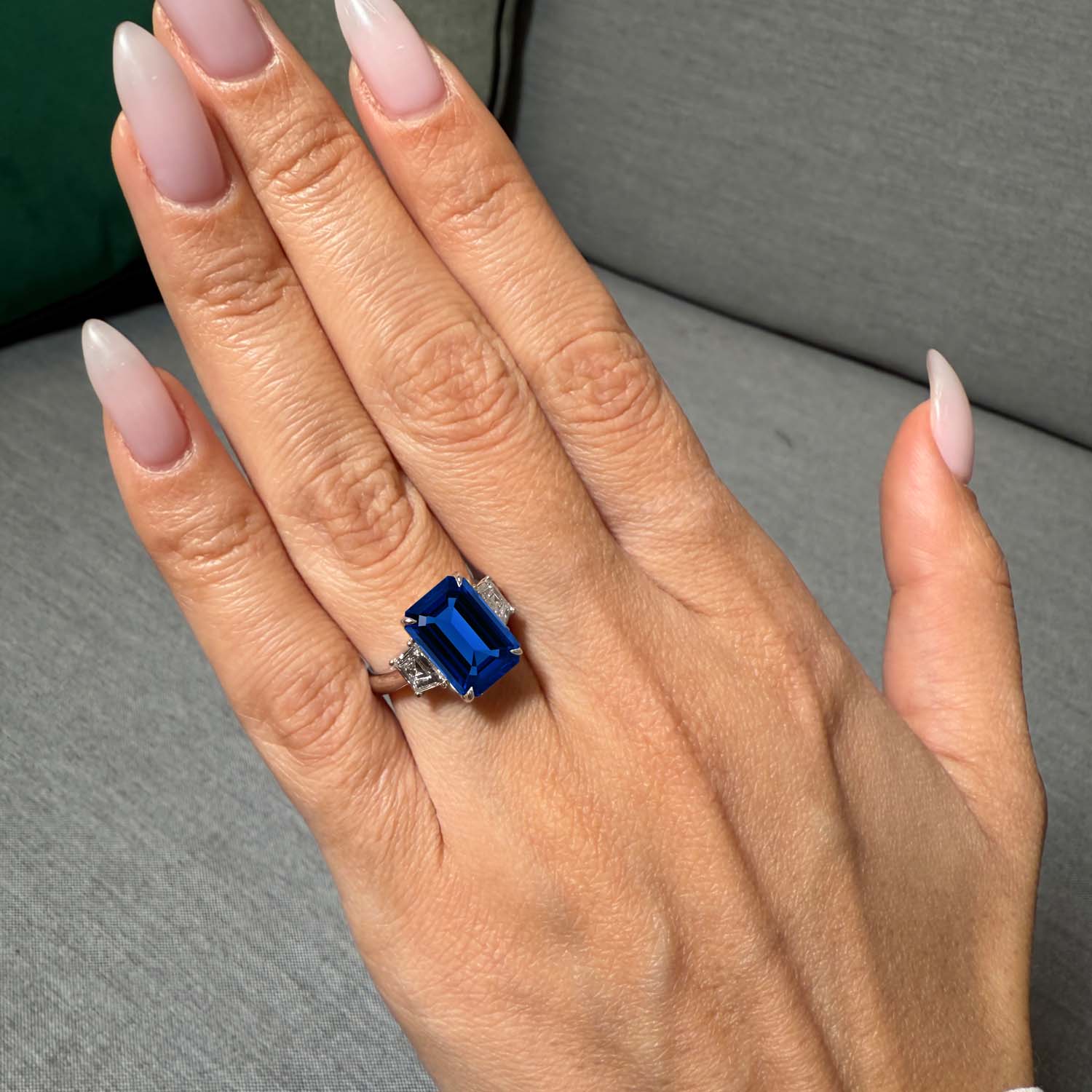Emerald Cut Three Stone Blue Sapphire Engagement Ring