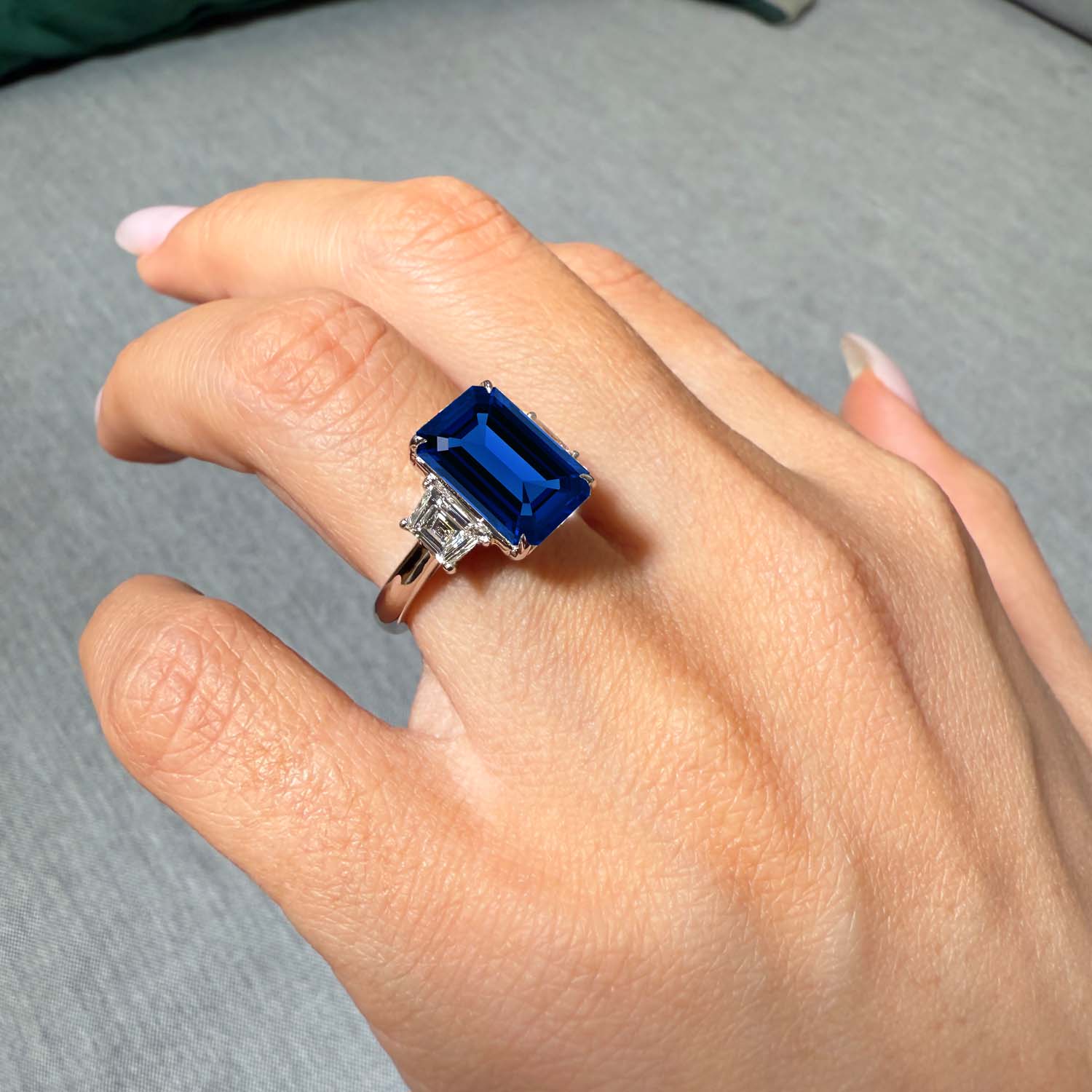 Emerald Cut Three Stone Blue Sapphire Engagement Ring