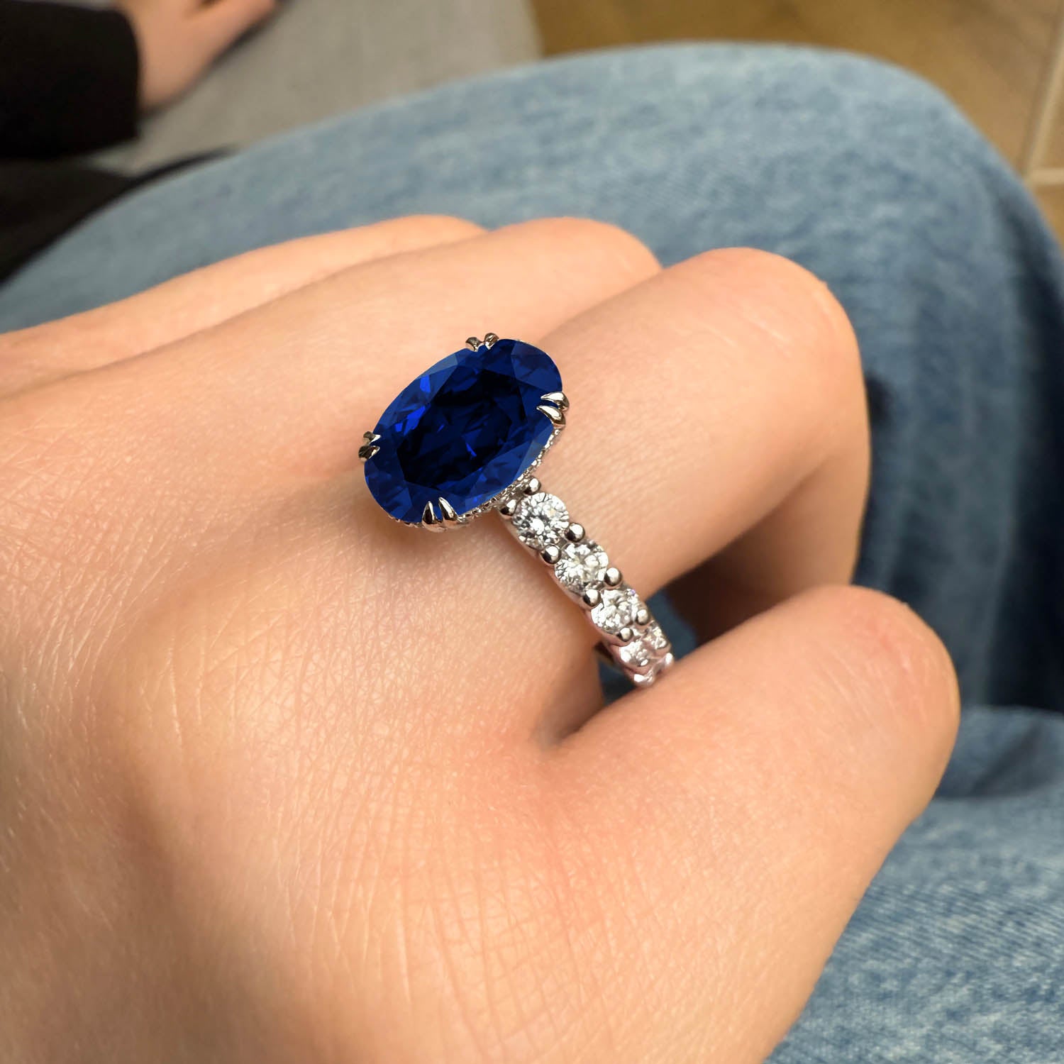 Oval Cut Shared Prong Blue Sapphire Engagement Ring