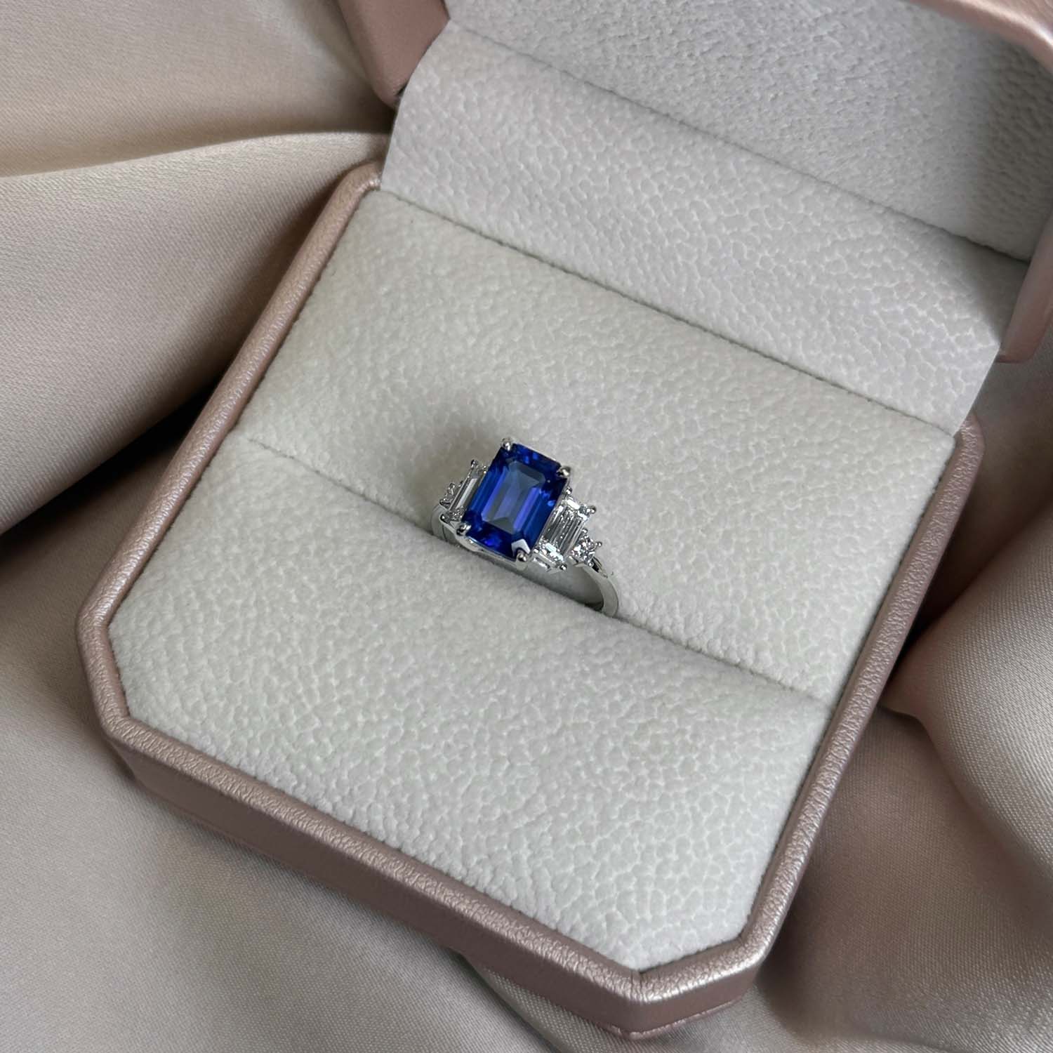 Emerald Cut Three Stone Blue Sapphire Engagement Ring