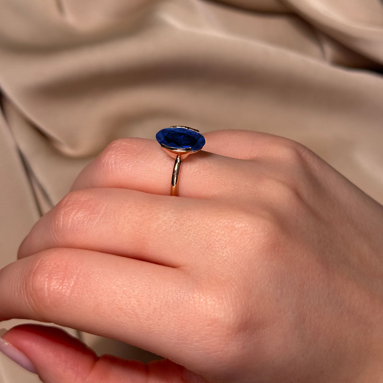 Oval Cut Half Bezel Blue Sapphire Engagement Ring