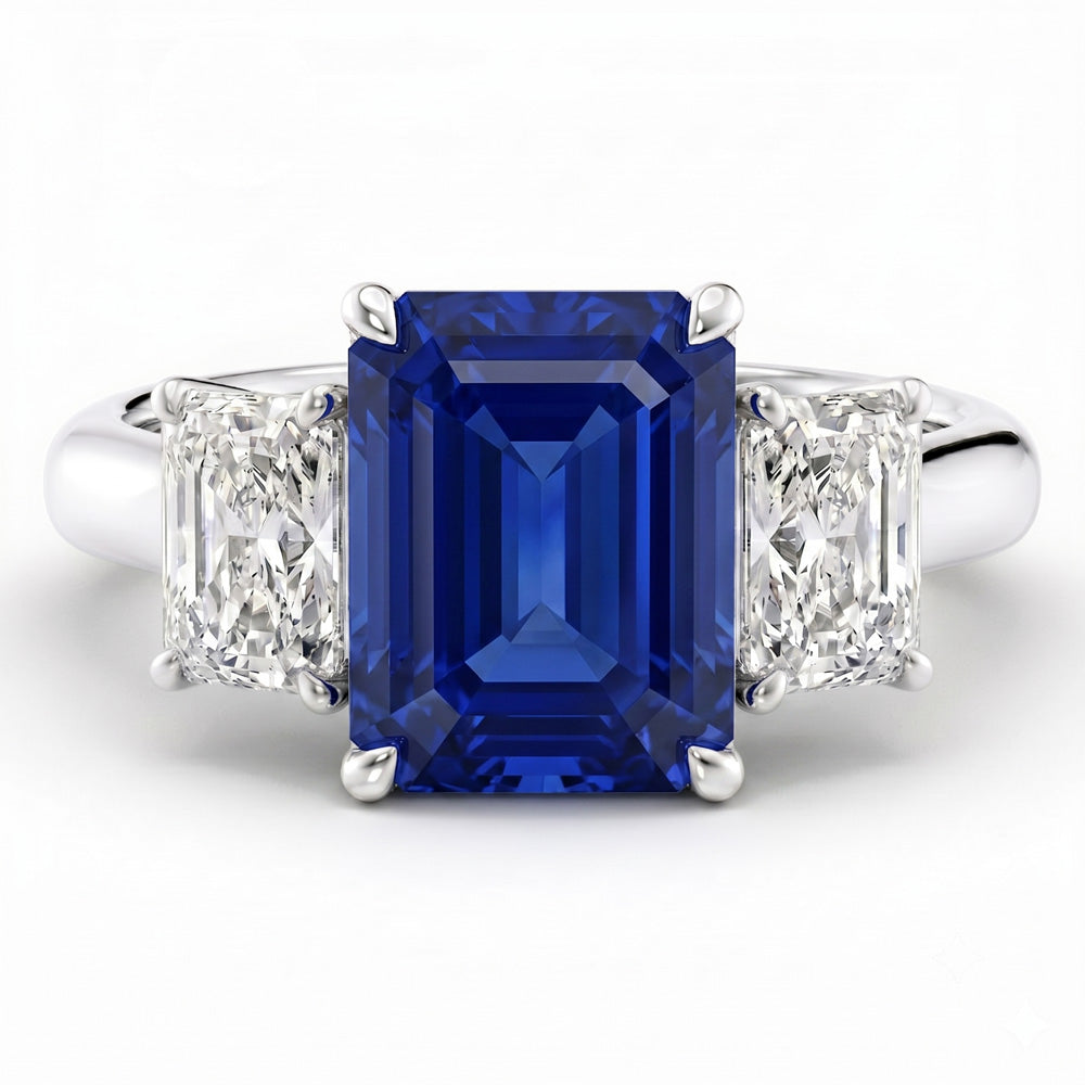 Emerald Cut Three Stone Blue Sapphire Engagement Ring