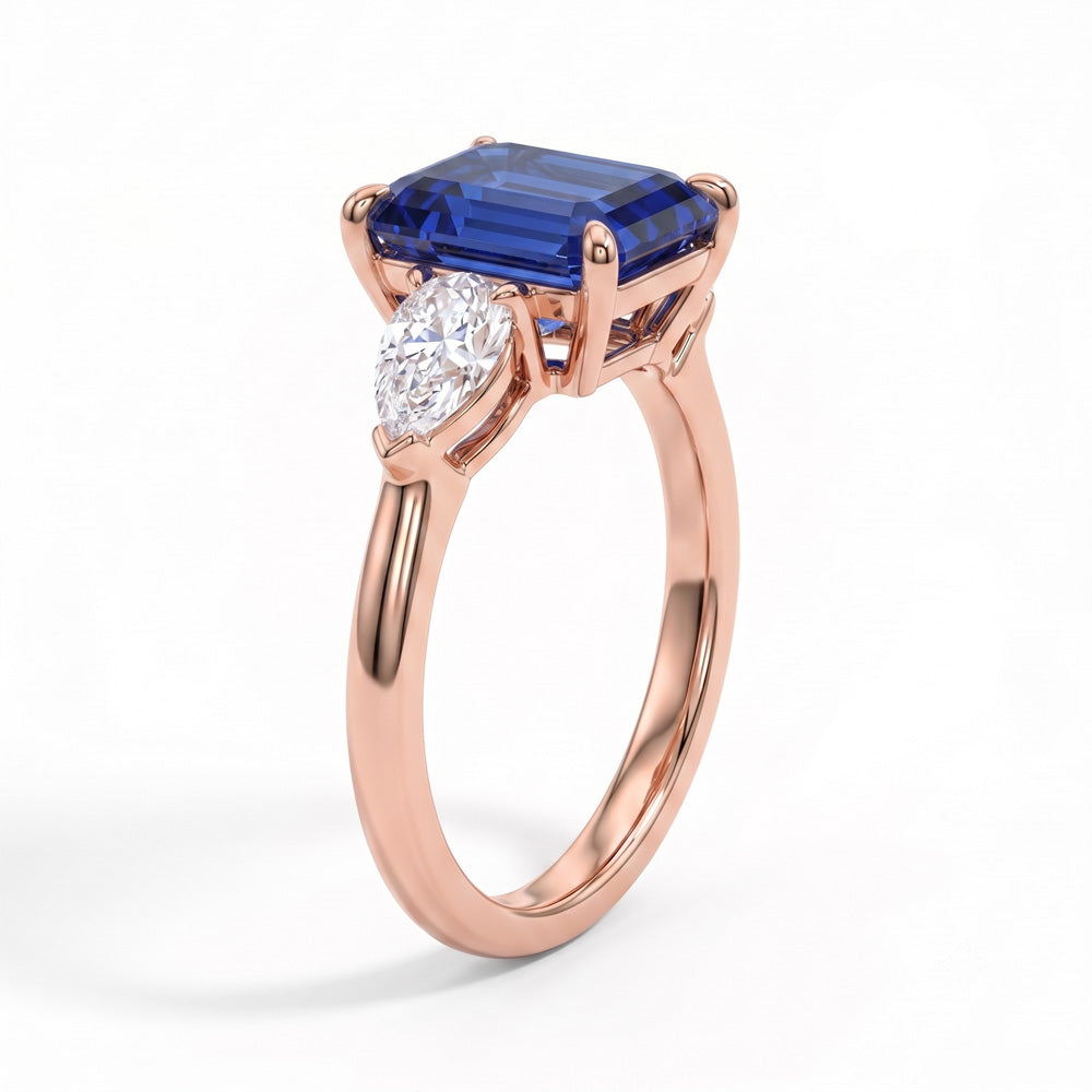 Emerald Cut Three Stone Blue Sapphire Engagement Ring