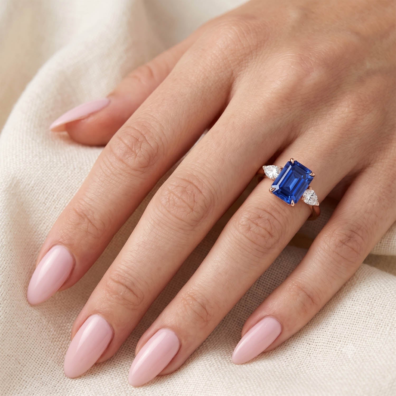 Emerald Cut Three Stone Blue Sapphire Engagement Ring