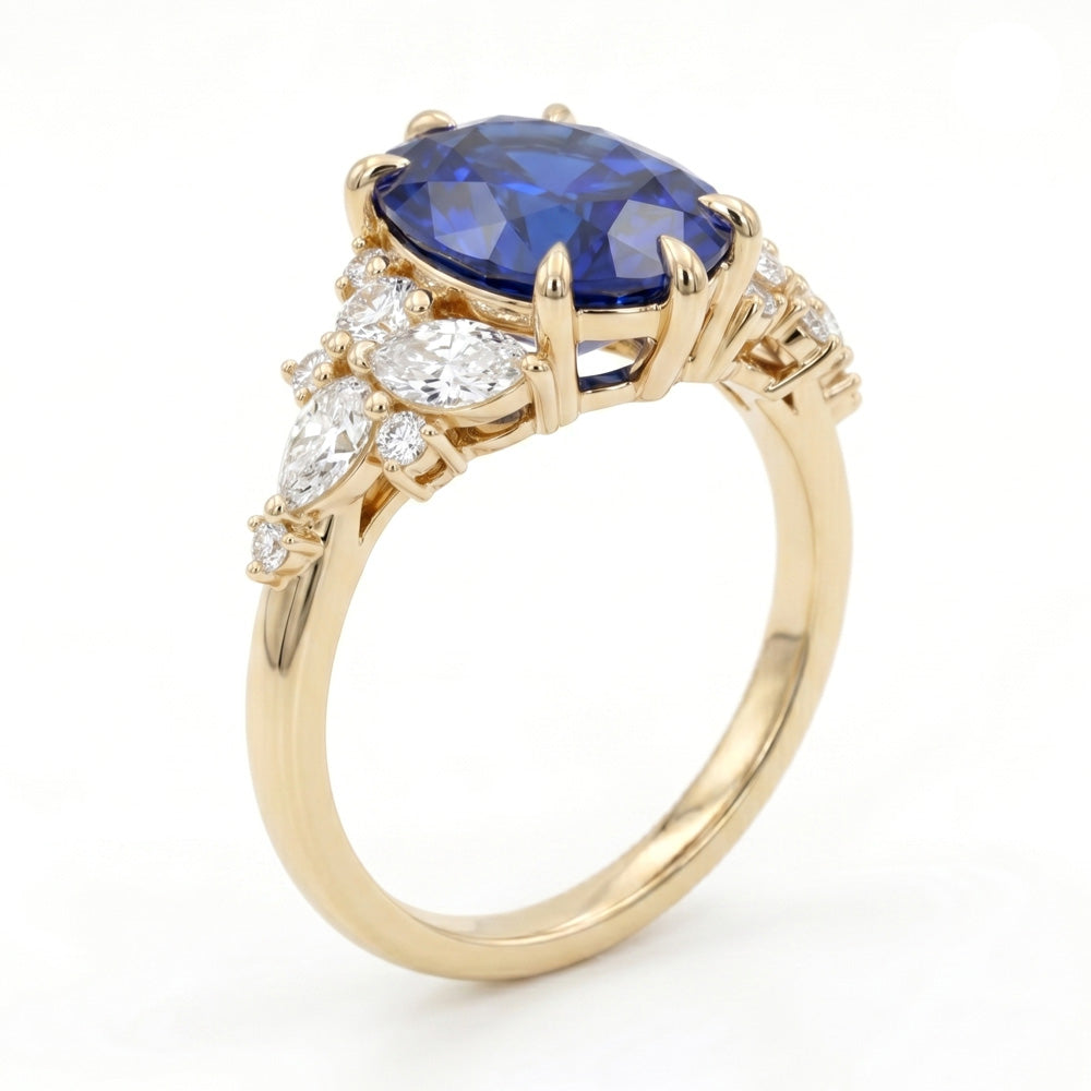 Oval Cut Cluster Blue Sapphire Engagement Ring