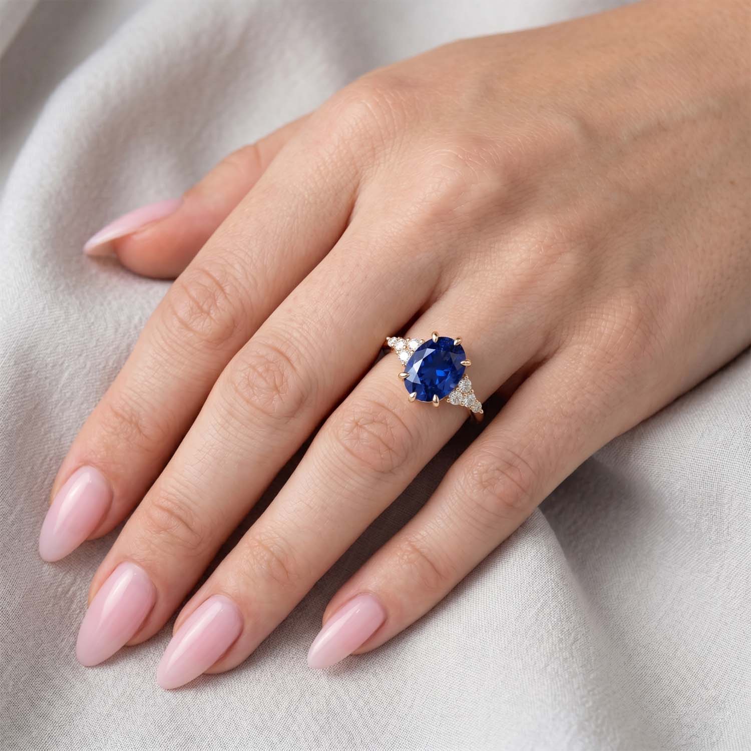 Oval Cut Cluster Blue Sapphire Engagement Ring